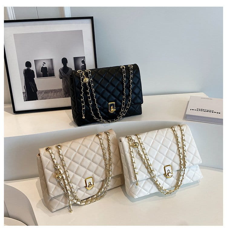 Large Capacity Shoulder Bag in Black or White with Diamond Embroidery Thread