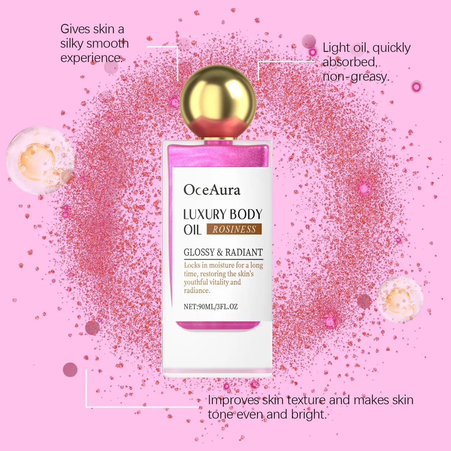 Glitter Body Oil for Massage Treatment Rose Silver Gold 90ml Export Only