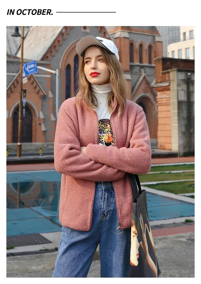 Women’s Polar Fleece Jacket Long Sleeve Solid Color Cozy Polyester Pullover