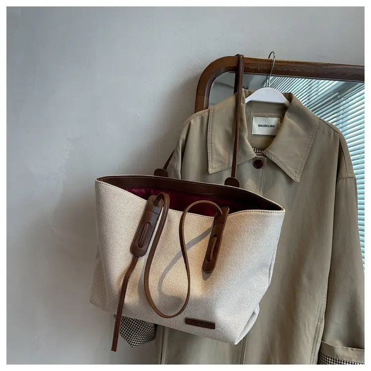 Canvas Shoulder Bag Large Oxford Tote Black Brown Double Strap for Travel Work