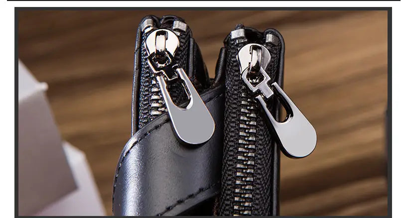 Leather Cortex Wallet with Double Zipper Buckle and Secure Internal Compartments