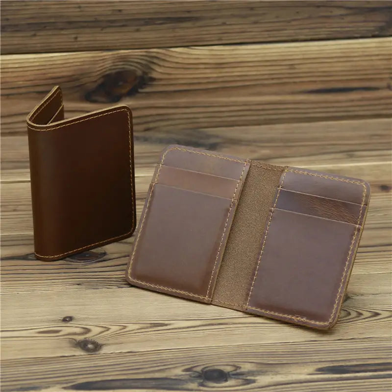 Unisex Cowhide Card Case Wallet with 2 Fold Open Mouth Design