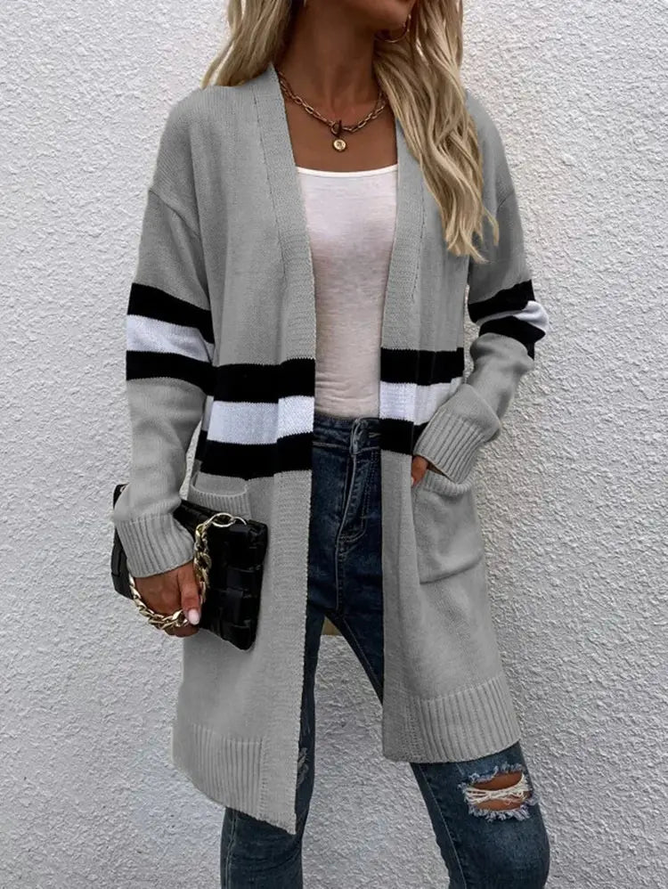 Contrast Color Striped Cardigan Gray Apricot Street Fashion Acrylic Sweater