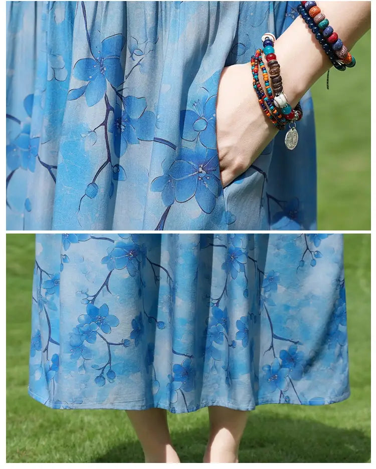 Plus-kokoinen Retro Art A-Line MIDI -hame Viscoosi Lyhythihainen mekko Naiset