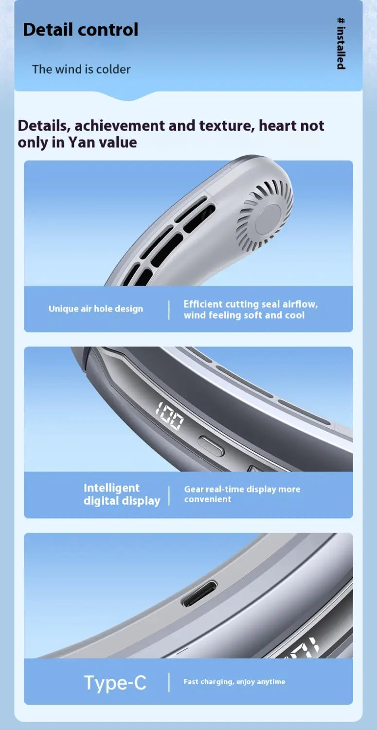 Outdoor Sports Portable Hanging Neck Fan with Digital Display and Lithium Battery