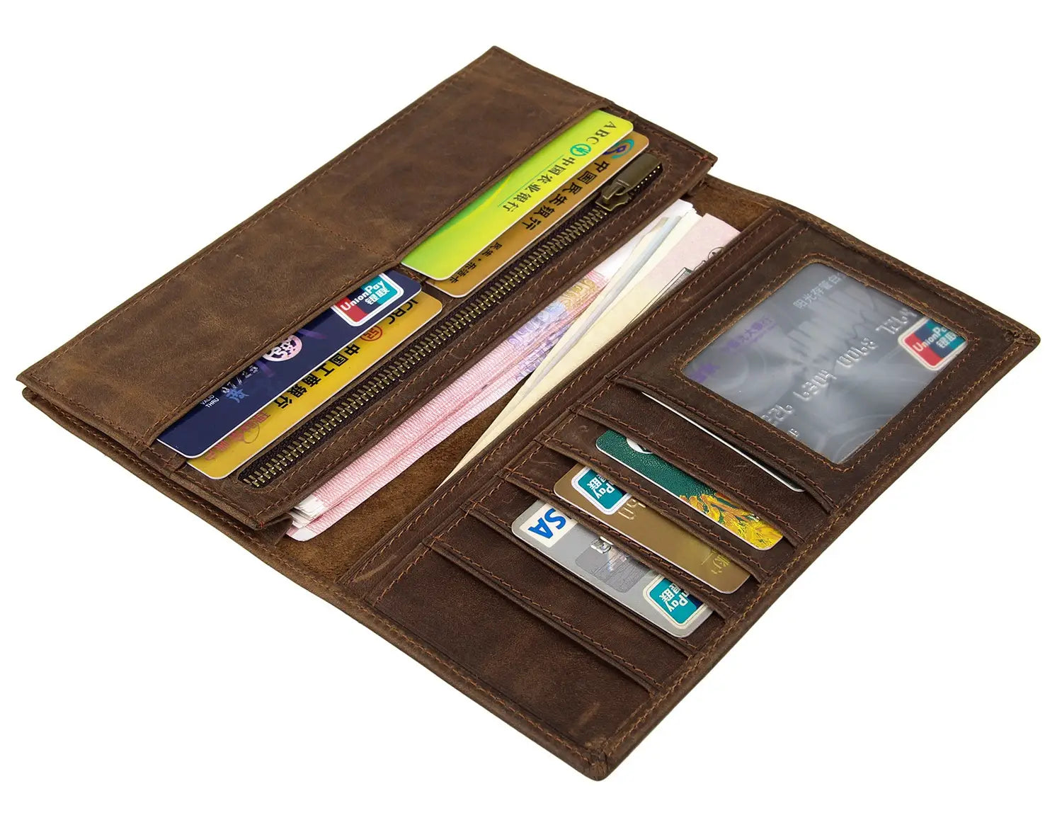 Vintage Crazy Horse Leather Long Wallet with Multiple Compartments