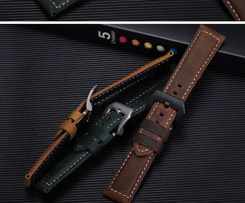 Crazy Horse Leather Pin Buckle Strap 22 24 26mm