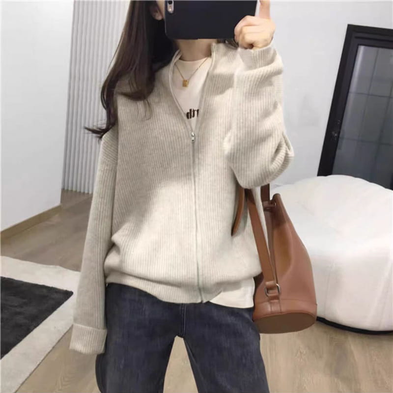Tomgangsstil japansk koreansk casual glidelås cardigan løs strikket genser
