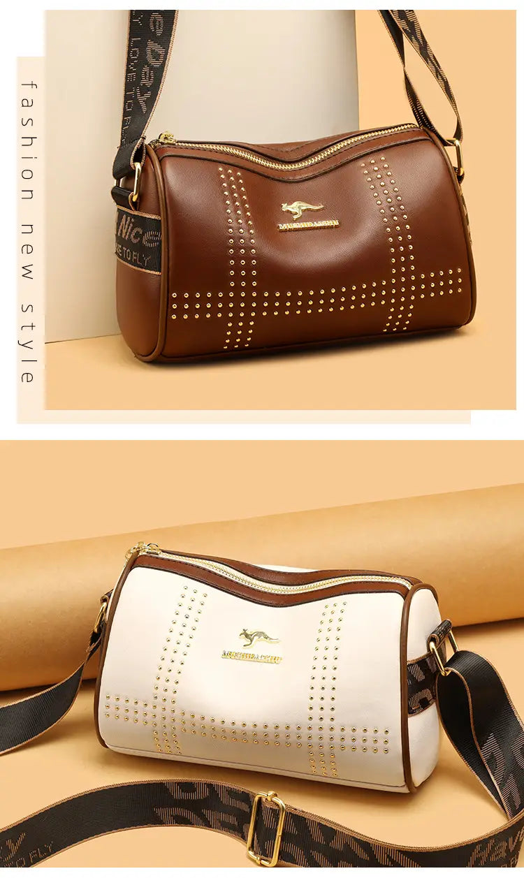 Color Contrast Patchwork Rivet Crossbody Bag with Soft Leather Shoulder Strap
