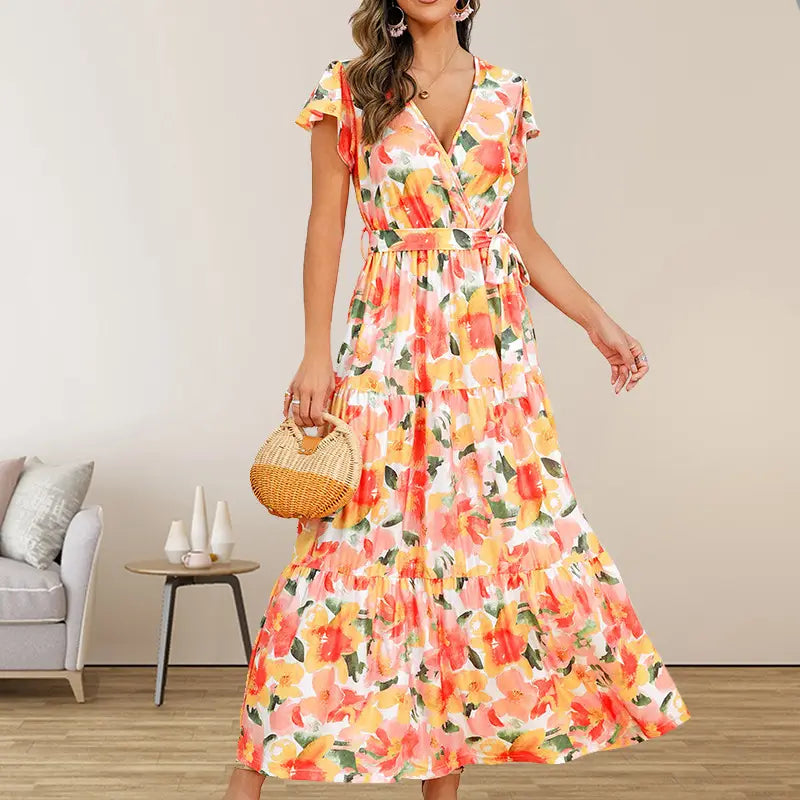 Floral Print Long A-Line Skirt Lace Up Mid Waist Boho Pullover Maxi