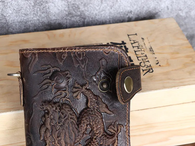 Crazy Horse Leather Wallet with Dragon Pattern for Men in the United States