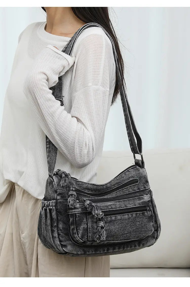 Large Capacity Versatile Bag with Denim Style and Multiple Pockets
