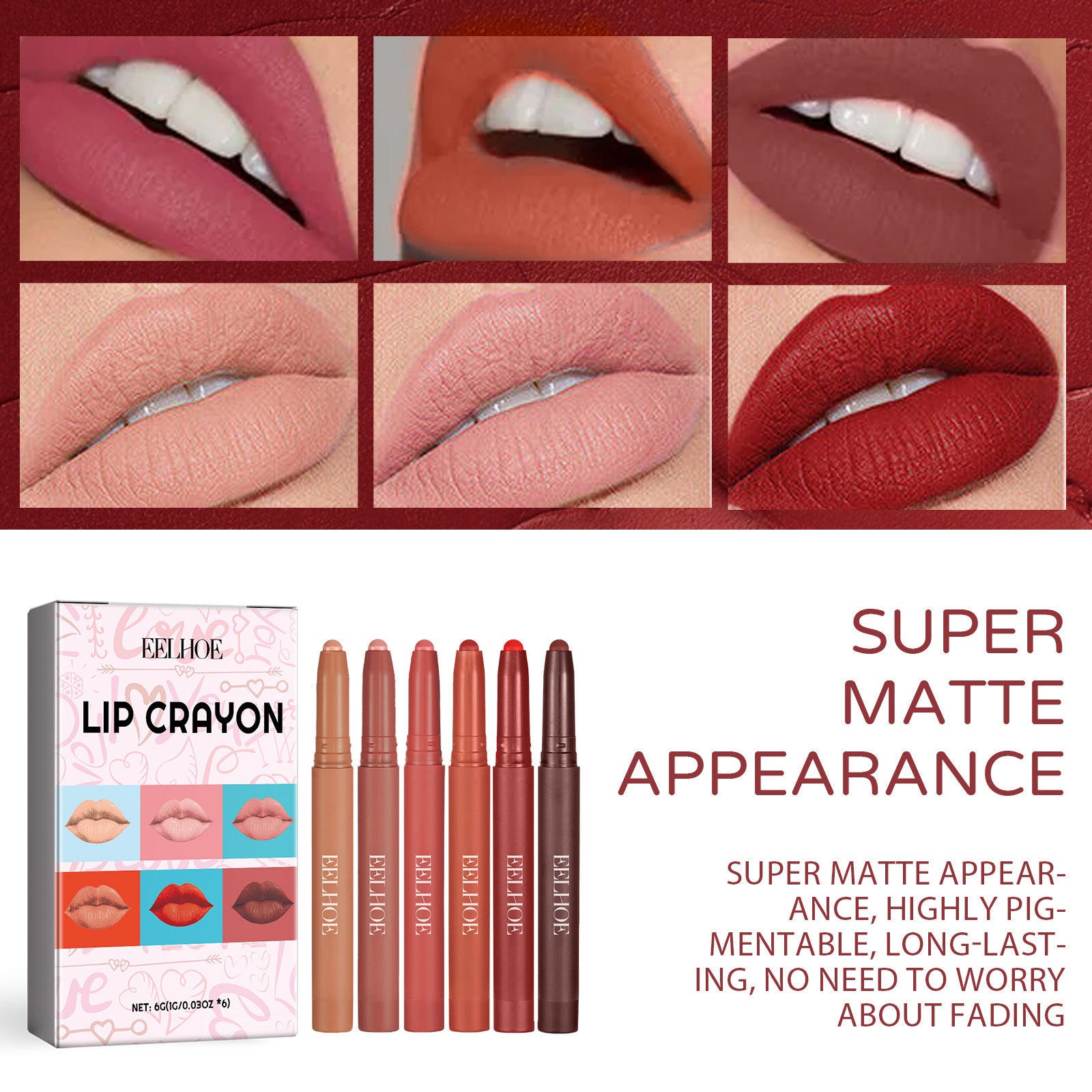 6-Color Matte Lip Liner Set for Natural Outline and Shape - Teleplus matte lip liner outline natural