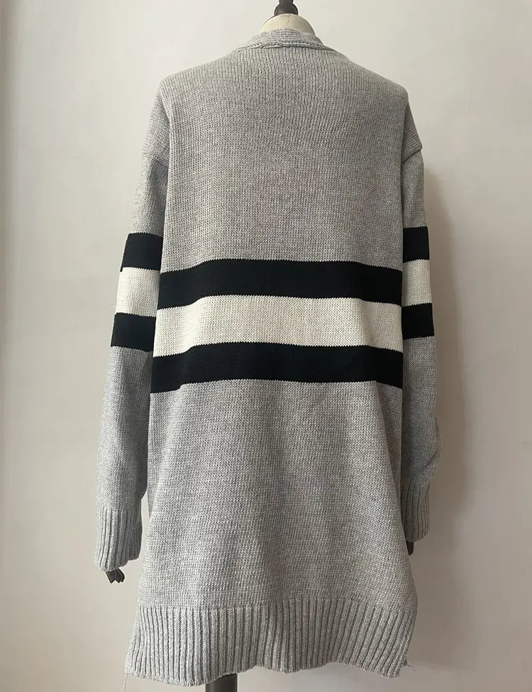 Contrast Color Striped Cardigan Gray Apricot Street Fashion Acrylic Sweater