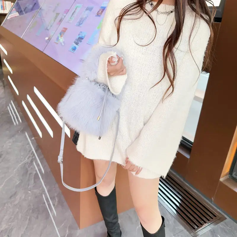 Furry Crossbody Bag Portable Bucket Suitcase with Soft Plush Material