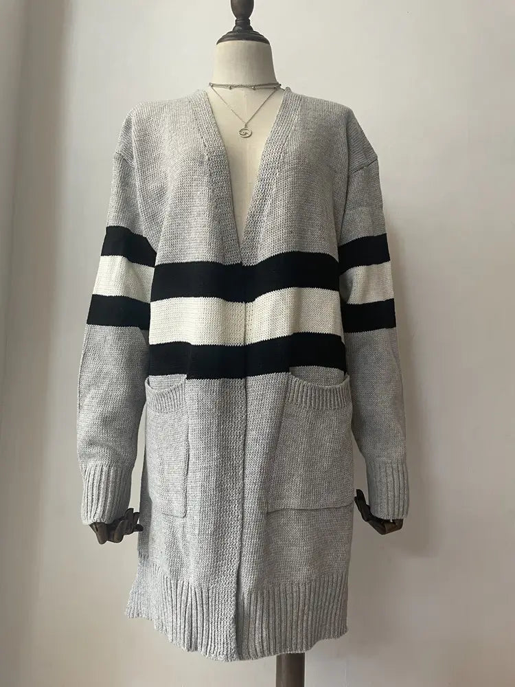 Contrast Color Striped Cardigan Gray Apricot Street Fashion Acrylic Sweater