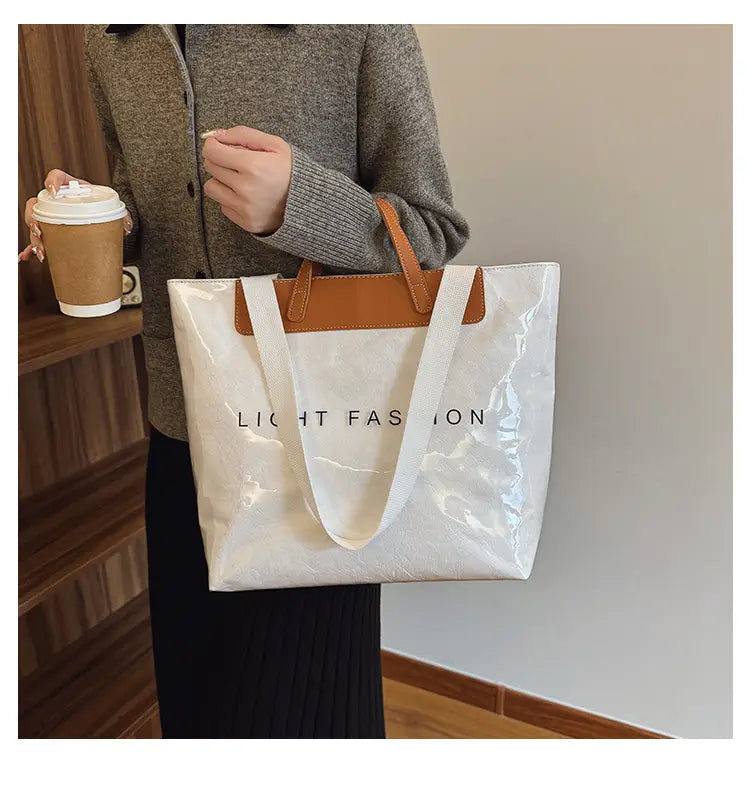 Kraft Paper Shoulder Bag Medium Square Tote in Neutral and Green Colors