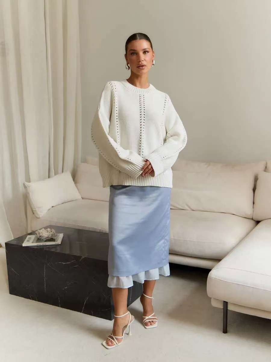 Cashmere Acrylic Pullover Sweater for Women in Milky White Gray Blue Green