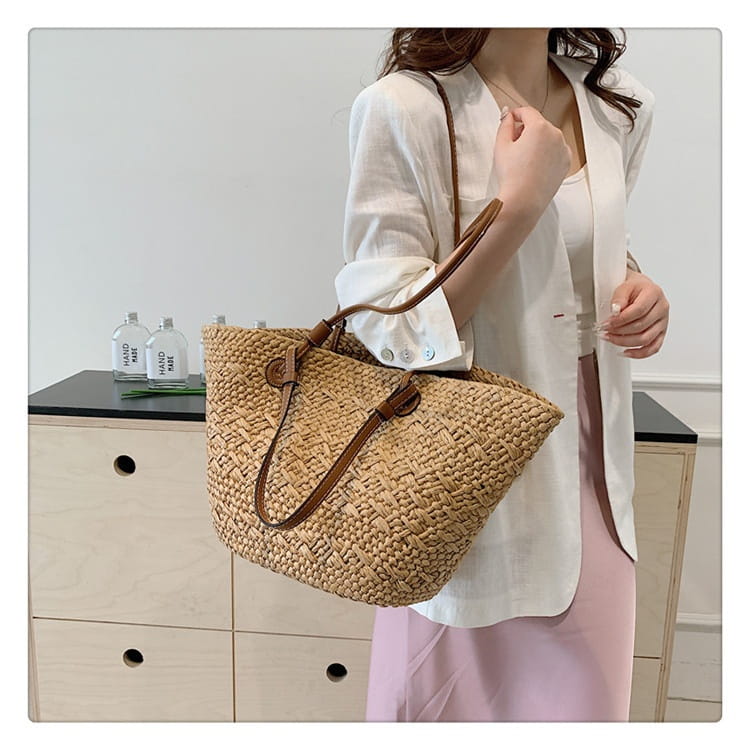 Woven Seaside Beach Bag with Open Pocket and Portable Straw Design