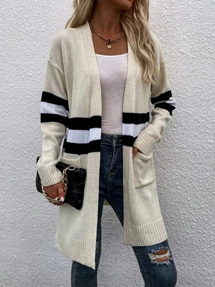 Contrast Color Striped Cardigan Gray Apricot Street Fashion Acrylic Sweater