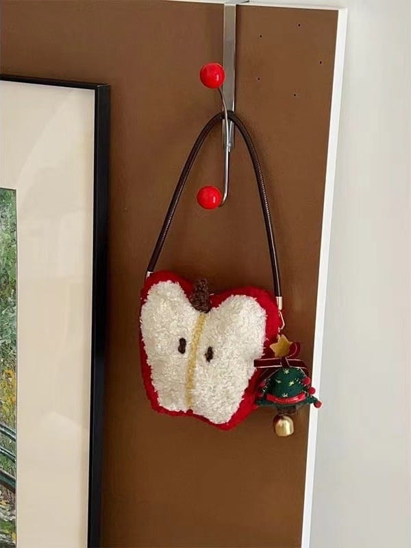 Christmas Plush Crossbody Bag with Heart Shape and Contrast Stitching