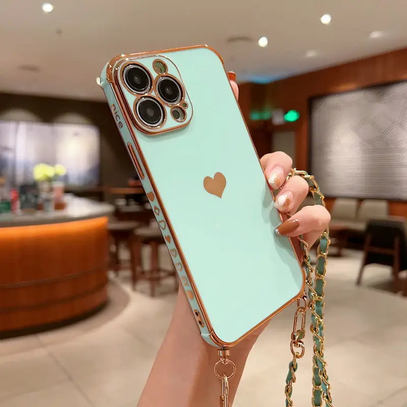 Electroplated Love Lanyard Phone Case for iPhone 11 12 8 with Anti-fall TPU