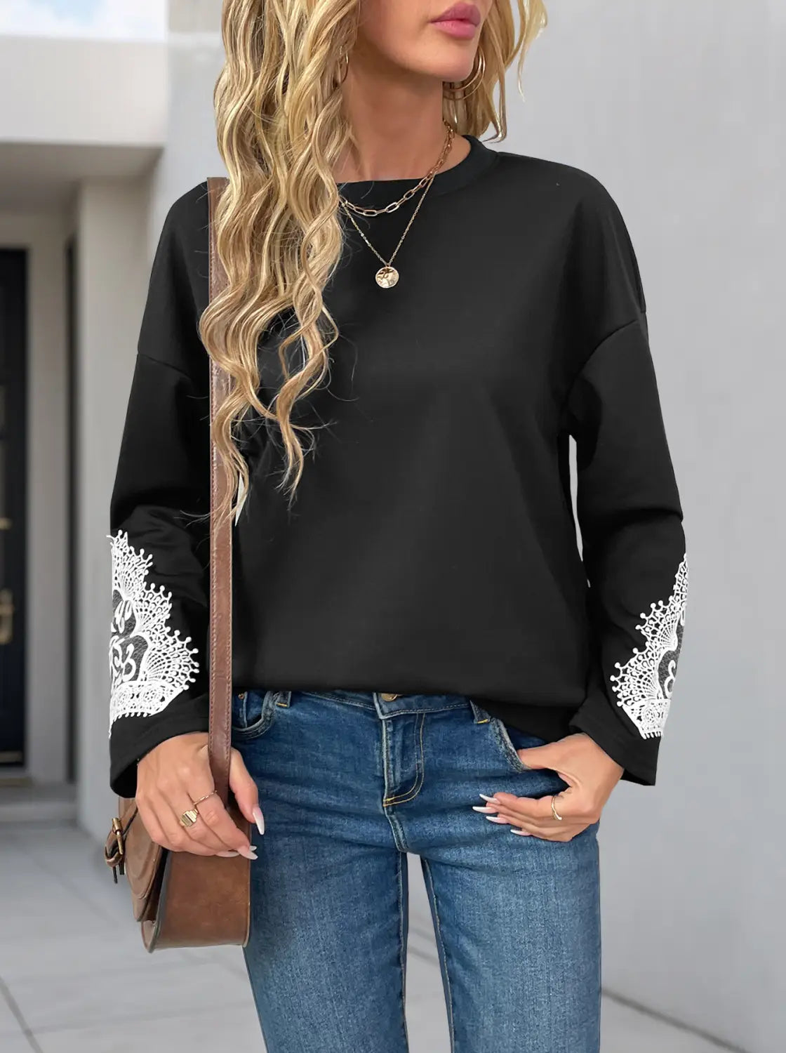 Black Lace Pullover cu mânecă lungă Casual Casual Femei Asiatice Dimensiuni S la XL