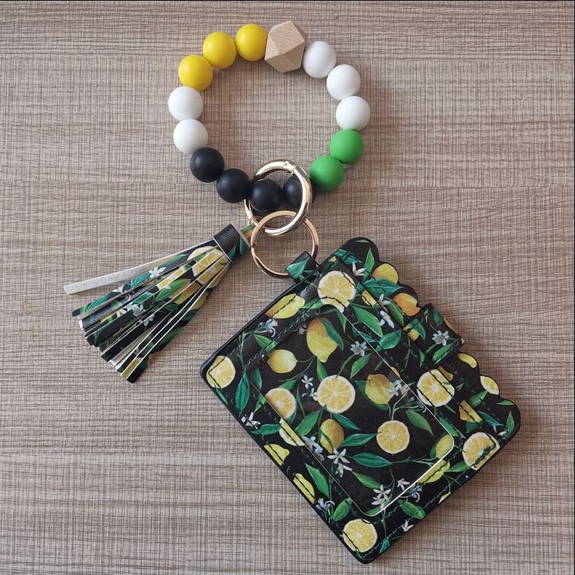 Fashion Beaded Bracelet Girls Small Wallet Lemon Printing Card Holder Silicone Beads Bracelet Keychain Credit - Fashion