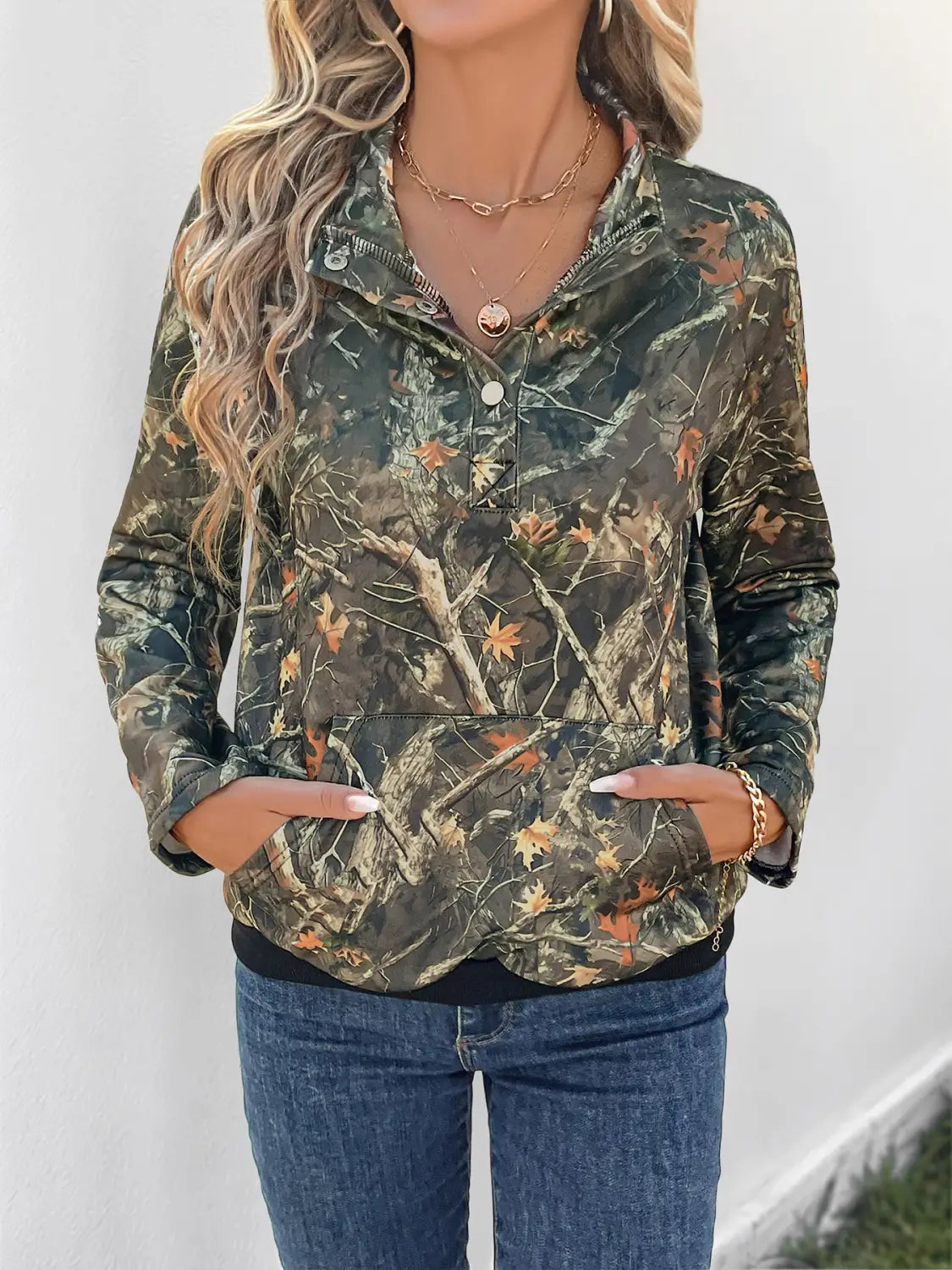 Army Green Floral Print Long Sleeve Shirt for Women Polyester Casual Top