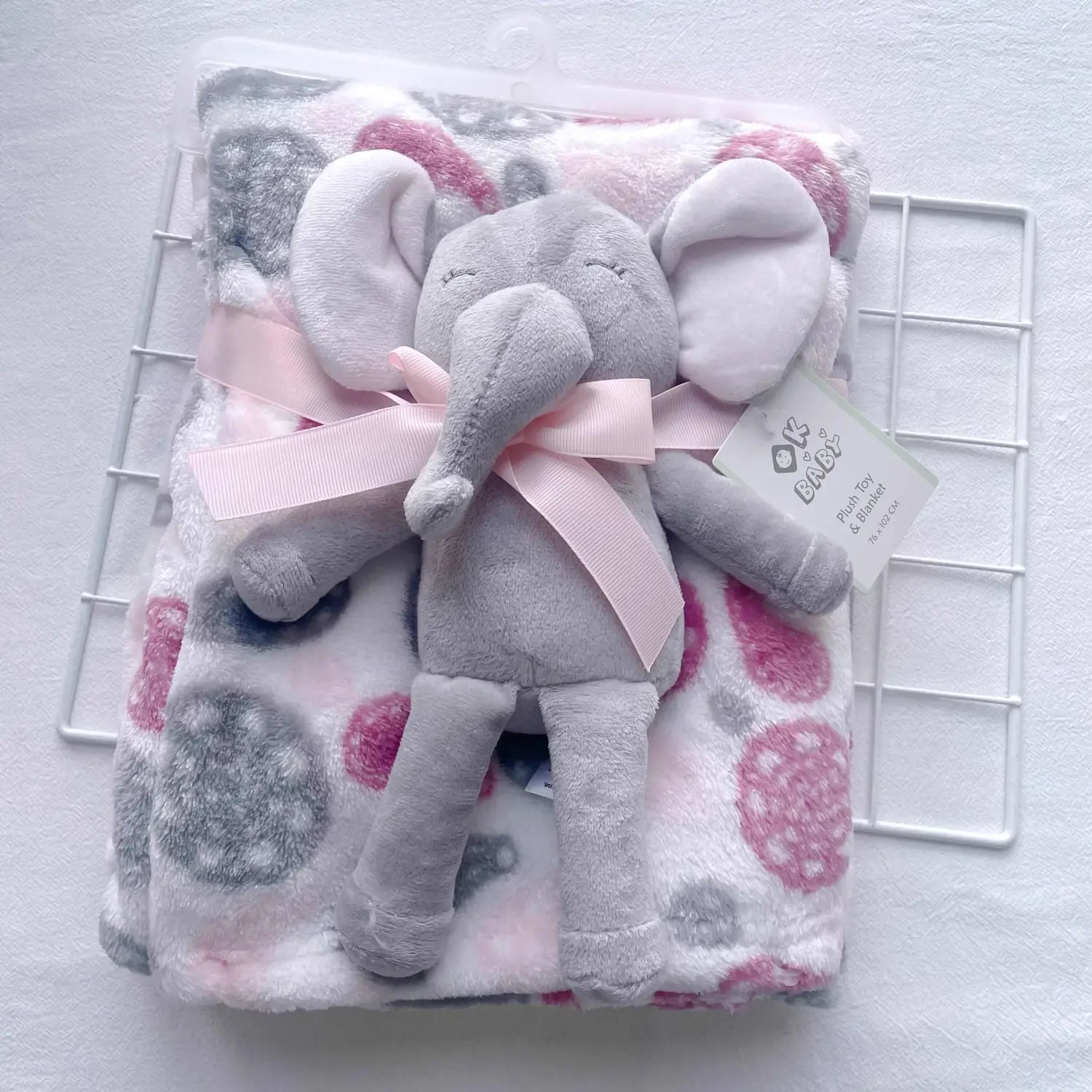 Pink Gray Elephant and Brown Bear Baby Blanket with Doll in Coral Fleece