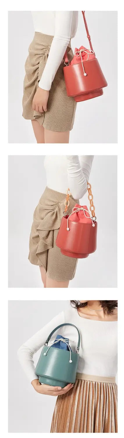 Original Drawstring Bucket Bag with Leather Two-Layer Design for Fashion Handheld