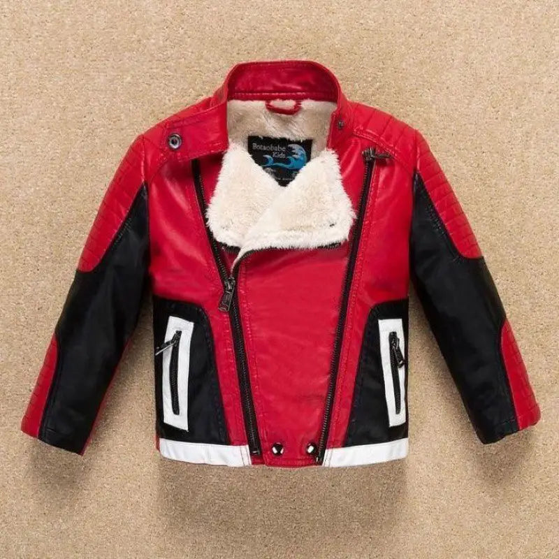 Thickened Leather Jacket for Children Over 8 Black or Red Spring Autumn
