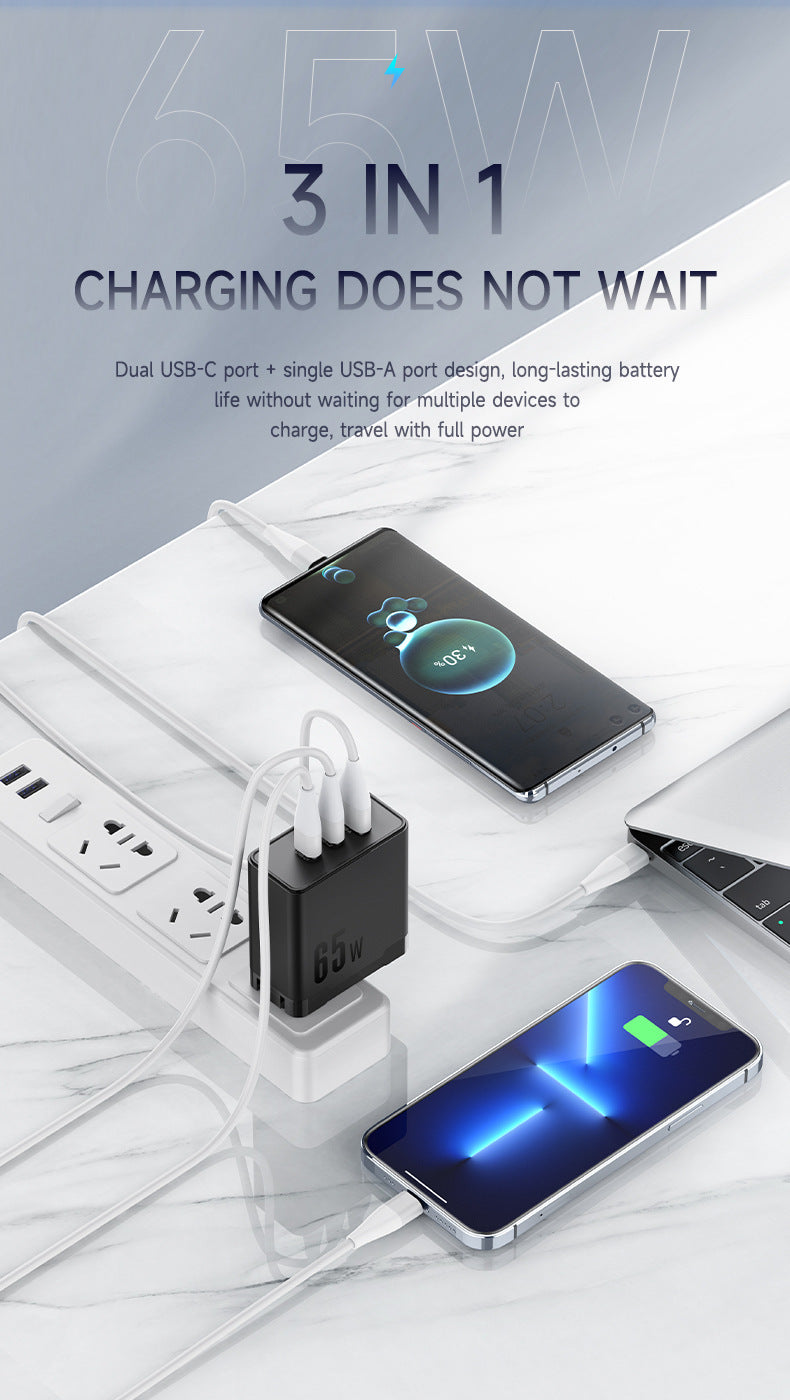 65W Gallium Nitride Charger GaN Multi-port - Gallium Nitride Charging Head for Super Fast Power