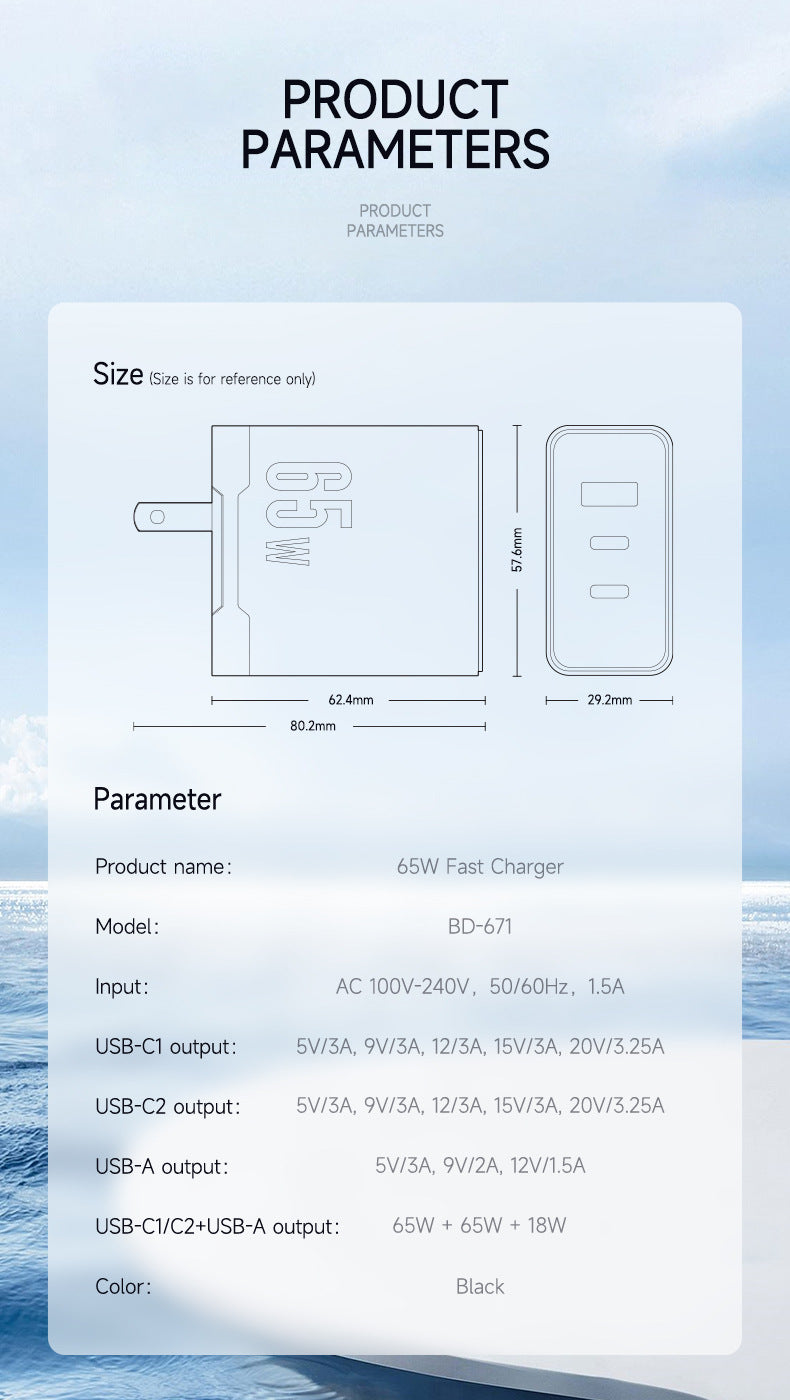 65W Gallium Nitride Charger GaN Multi-port - Gallium Nitride Charging Head for Super Fast Power