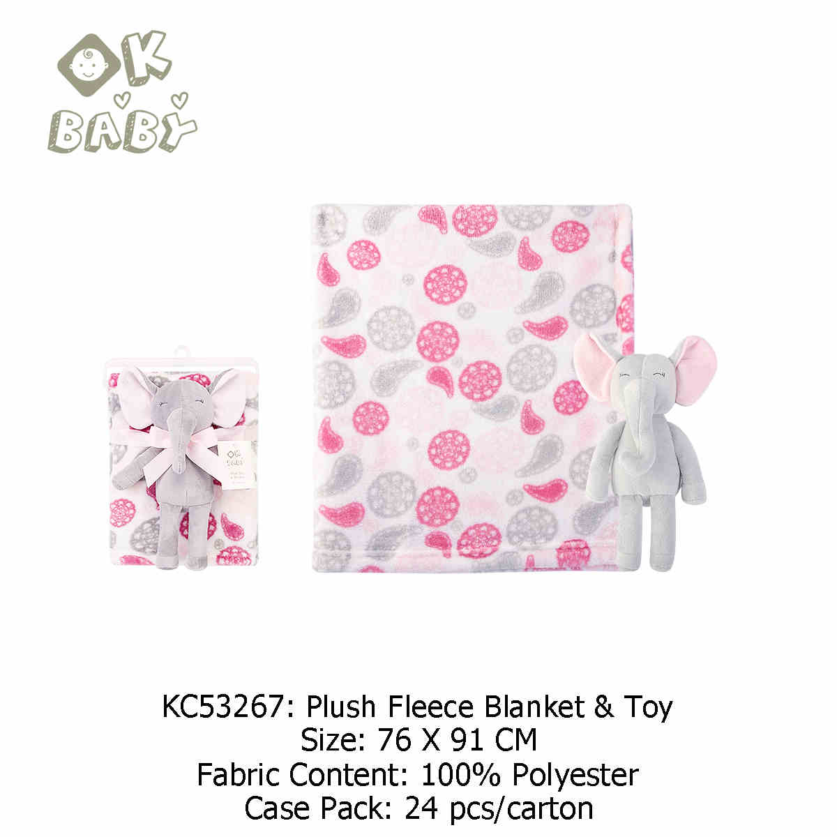 Pink Gray Elephant and Brown Bear Baby Blanket with Doll in Coral Fleece