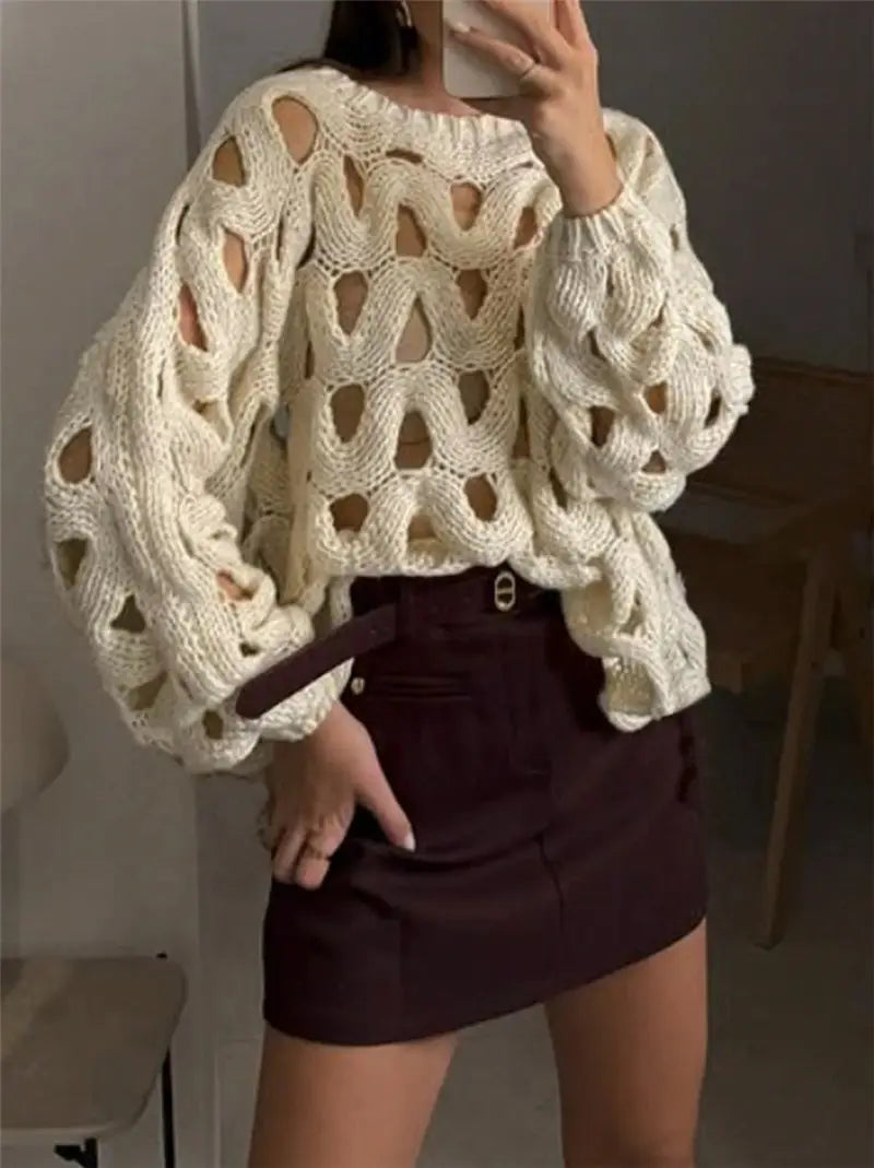 Crocheted Flowers Long Sleeve Pullover Sweater Apricot White S to XL