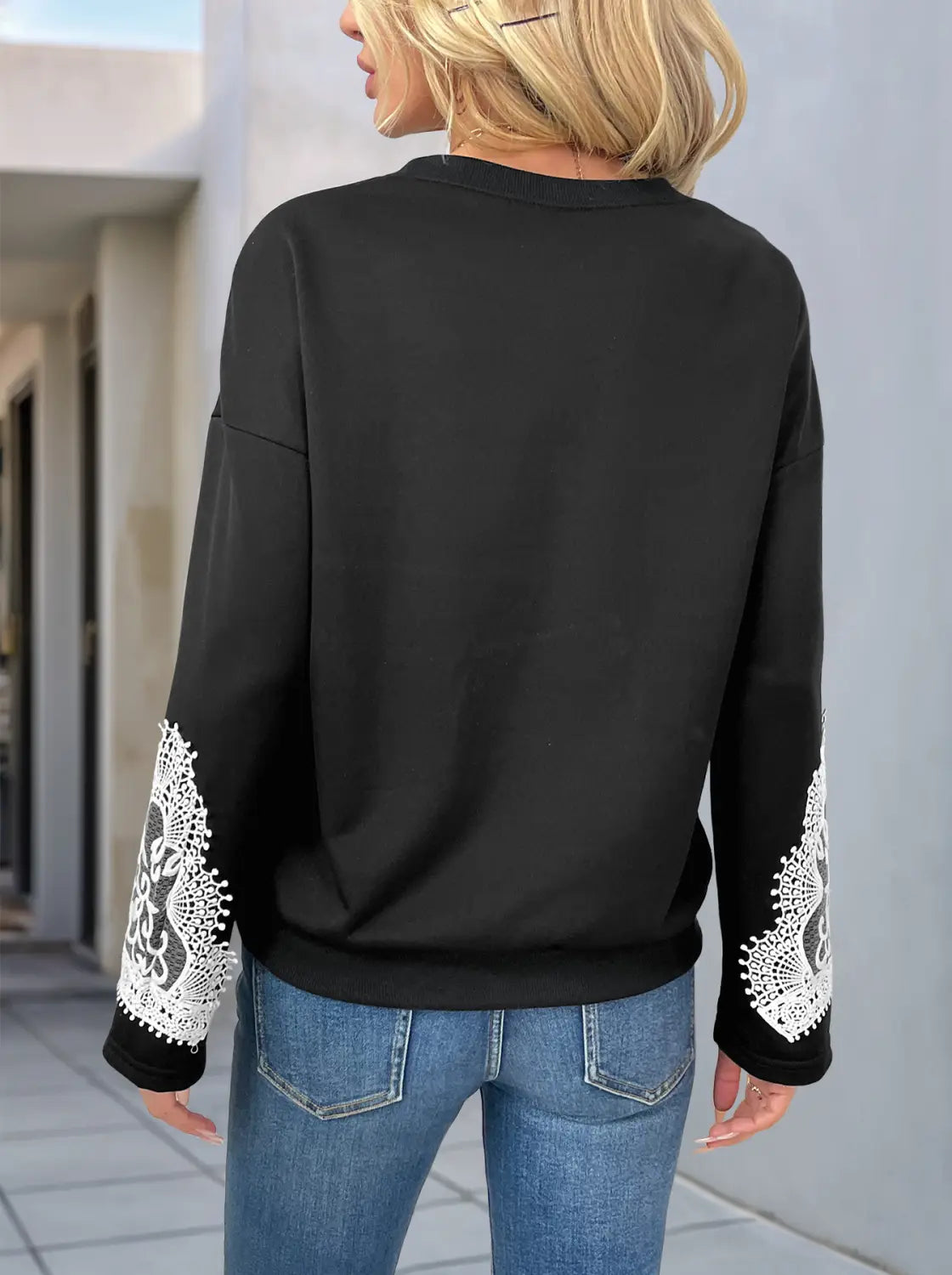 Black Lace Pullover cu mânecă lungă Casual Casual Femei Asiatice Dimensiuni S la XL