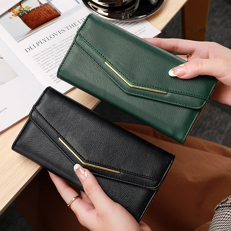 Women’s Long Three-fold Stitching Fashion Multi-card-slot Leather Oil Wax Leather Large-capacity Wallet