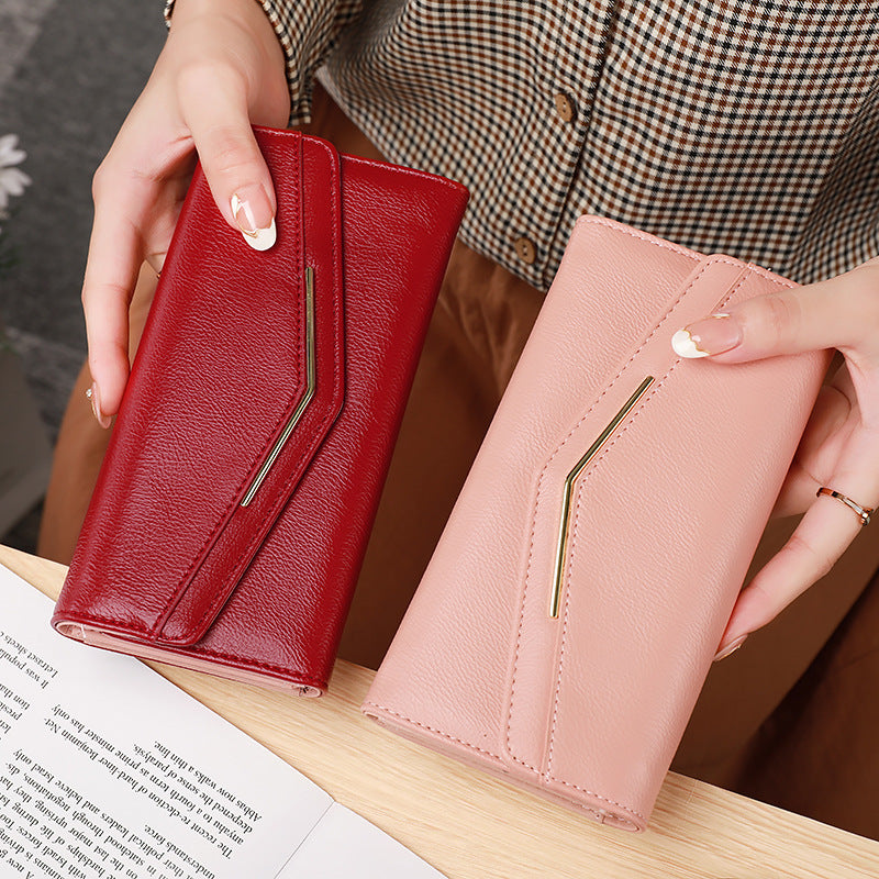 Women’s Long Three-fold Stitching Fashion Multi-card-slot Leather Oil Wax Leather Large-capacity Wallet