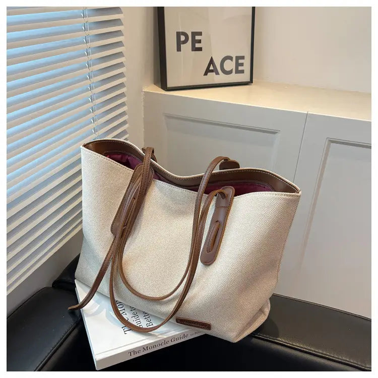 Canvas Shoulder Bag Large Oxford Tote Black Brown Double Strap for Travel Work