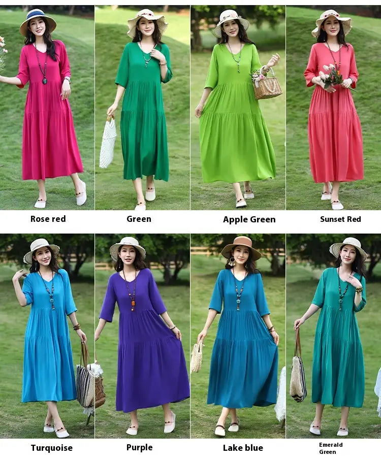 Plus-kokoinen Retro Art A-Line MIDI -hame Viscoosi Lyhythihainen mekko Naiset