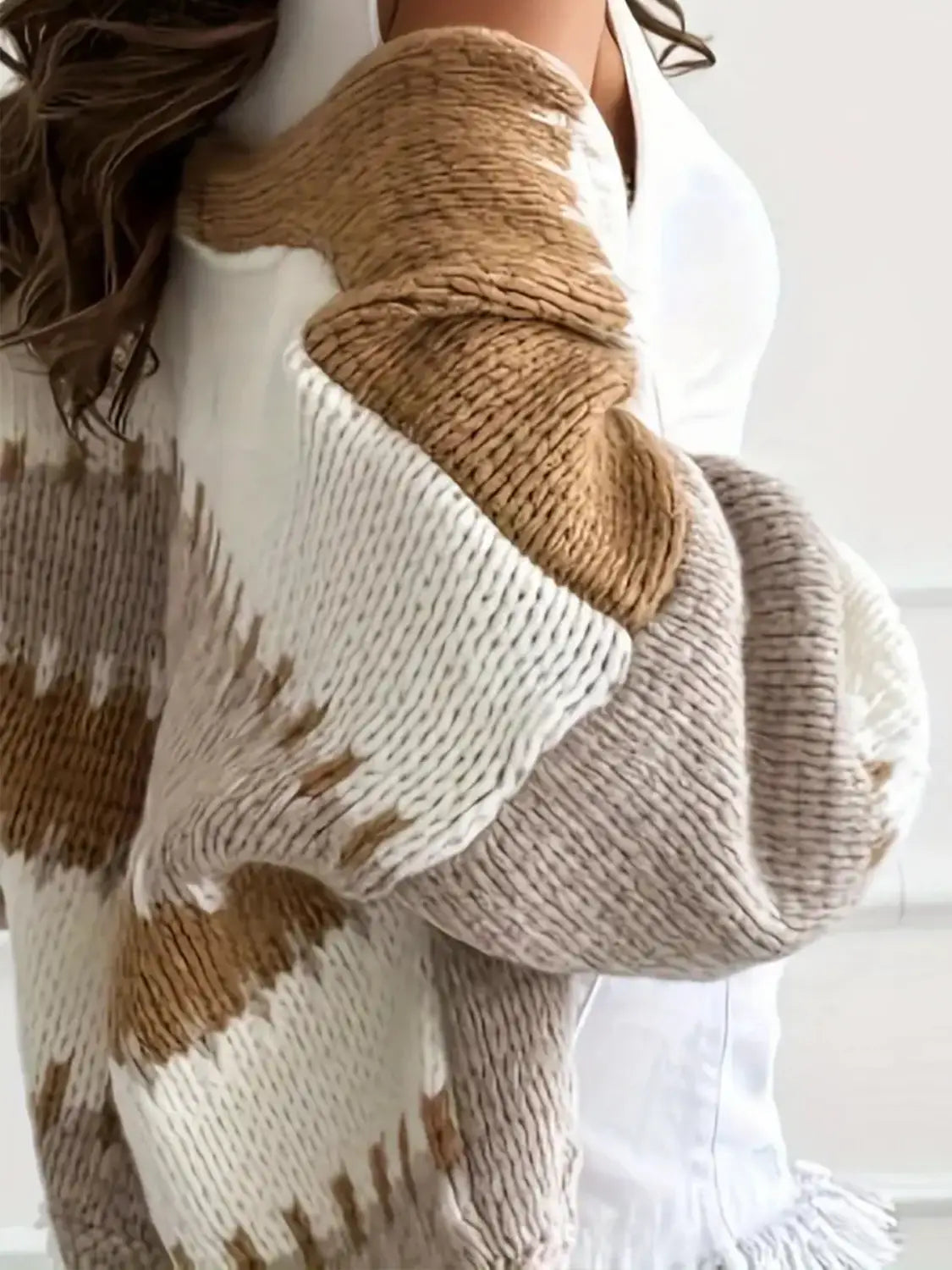 Couleur de contraste Couleur rétro Cardigan Lantern Sweater artistique pour les femmes