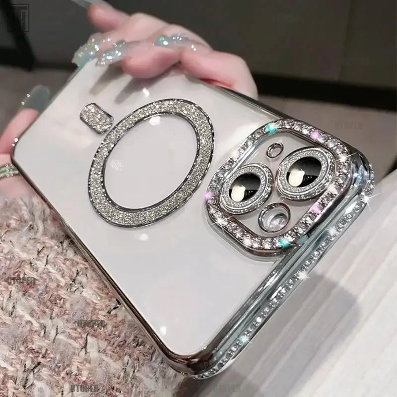 Rhinestone Magnetic Phone Case with Shockproof and Heat Dissipation Features