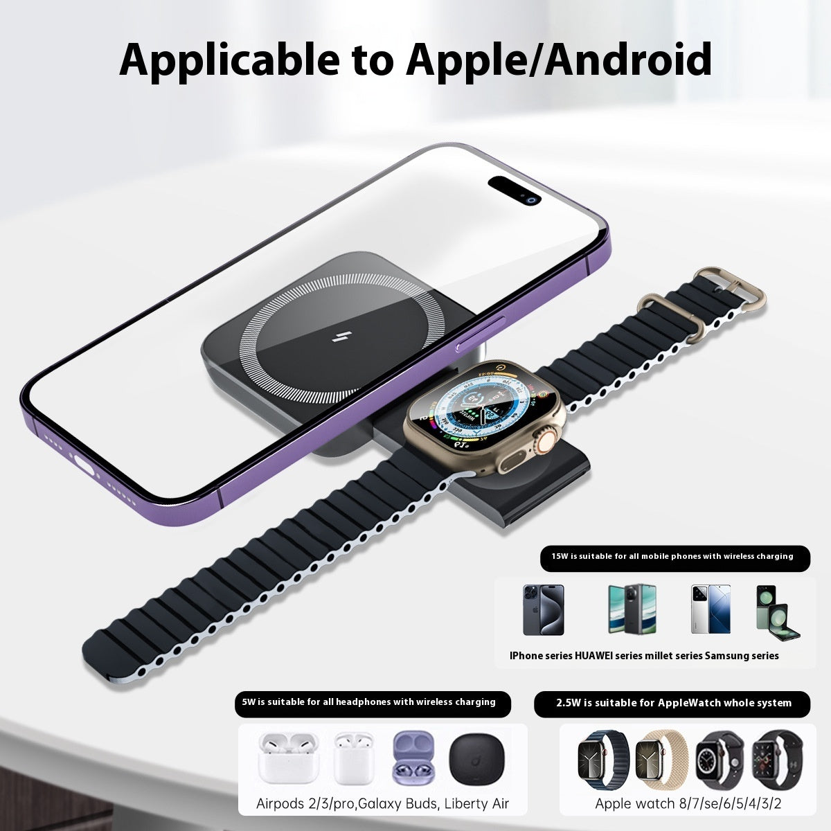 Three-in-one Wireless Charger Watch Earphone Cellphone Charging Set - Charge Everything Without Tangling in Wires