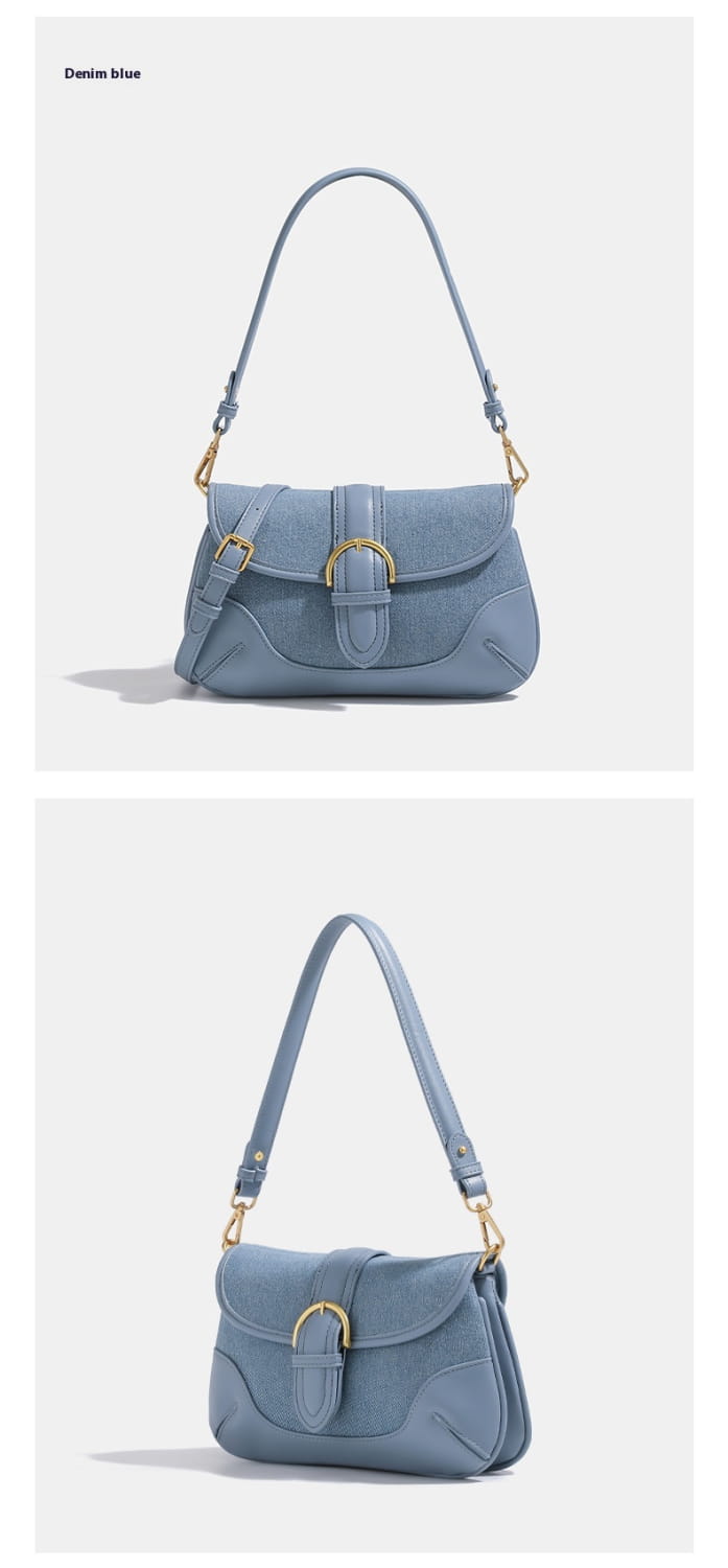 Retro Denim Blue Underarm Bag for Women with Sandwich Pocket and Zipper