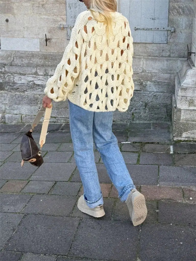 Crocheted Flowers Long Sleeve Pullover Sweater Apricot White S to XL