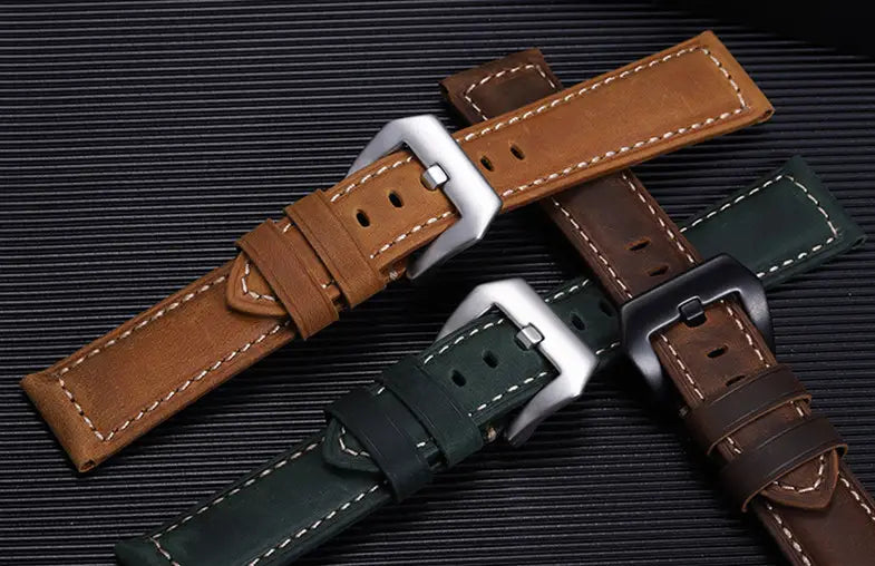 Crazy Horse Leather Pin Buckle Strap 22 24 26mm