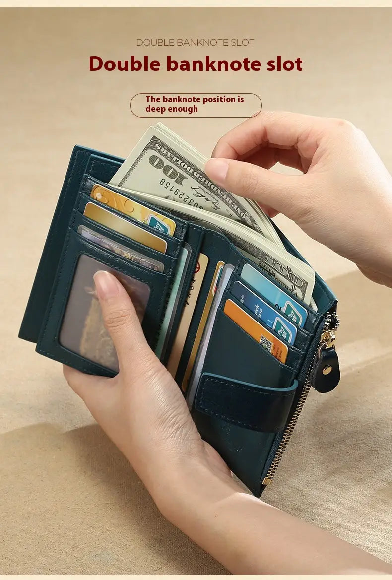 Sparán na mBan leathair gorm le sliotán cárta frith-ghoid agus líneáil poileistir