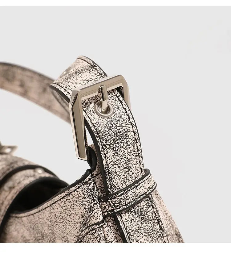 Oil Wax Leather Bag with Rivets Flap Shoulder and Sandwich Pocket