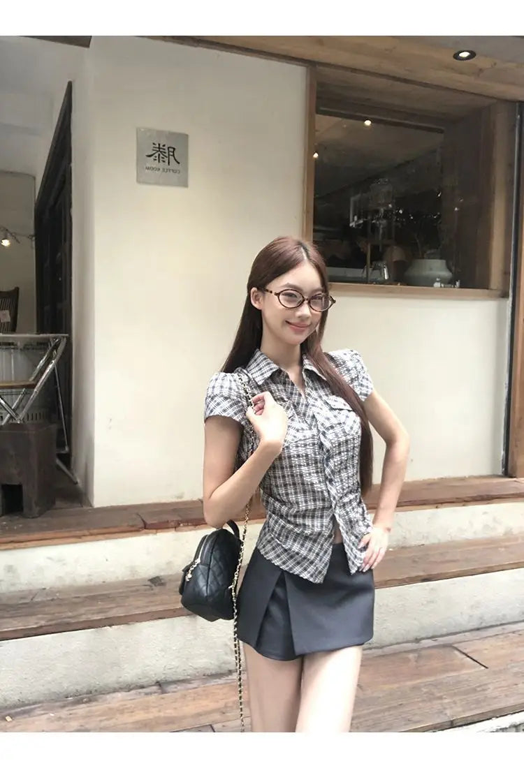 Plaid Cotton Short Sleeve Shirt for Women Men Loose Fit Spring Summer